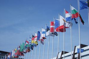 european national flags at eu parliament building - strasbourg, france