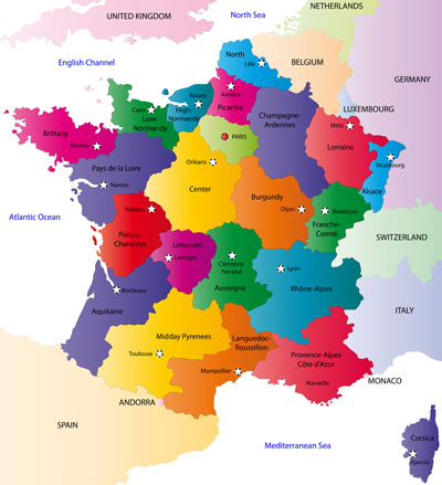 France provinces and capital cities map